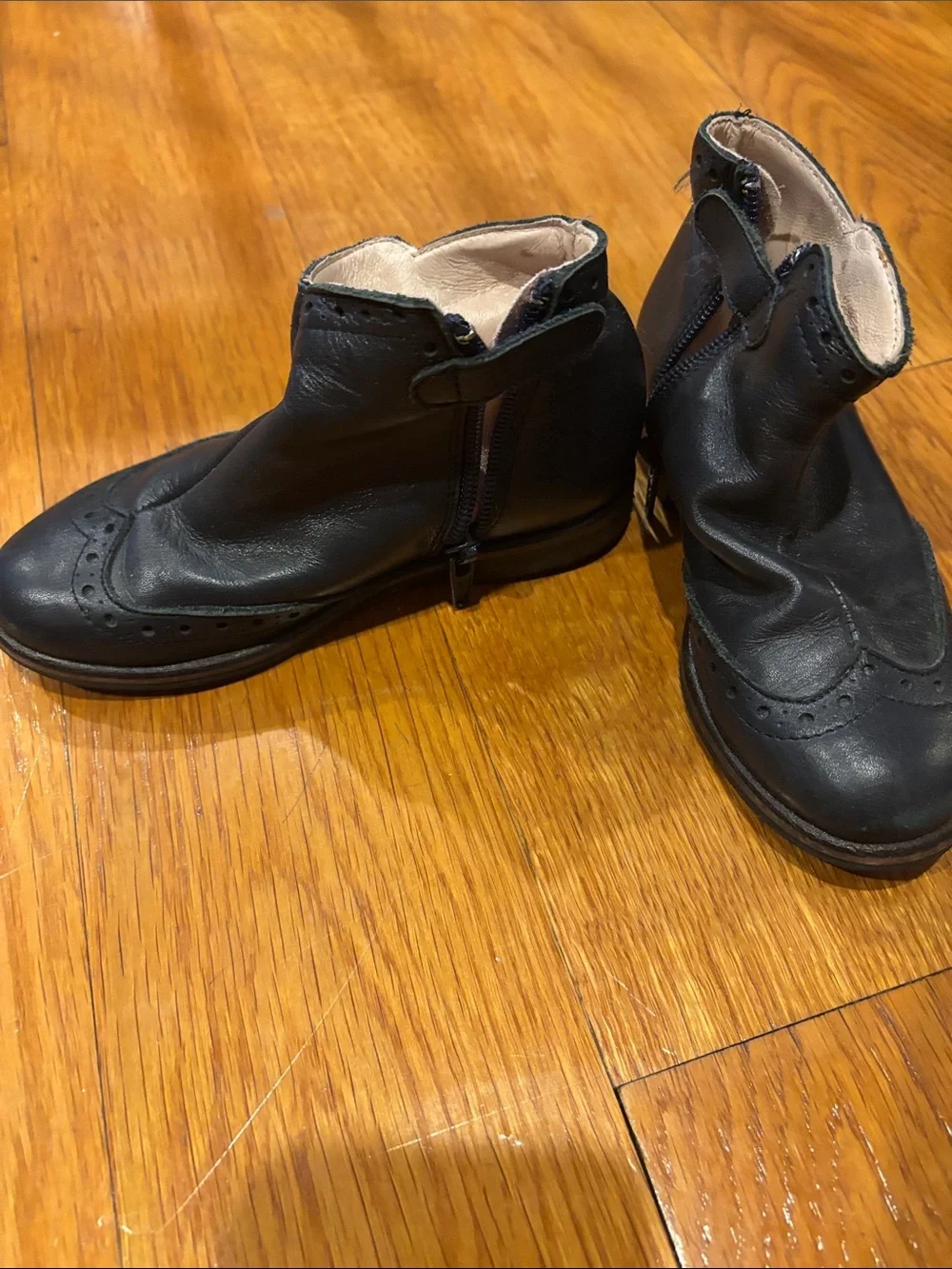 Jacadi Navy Leather Toddler Ankle Boots with Brogue Detail